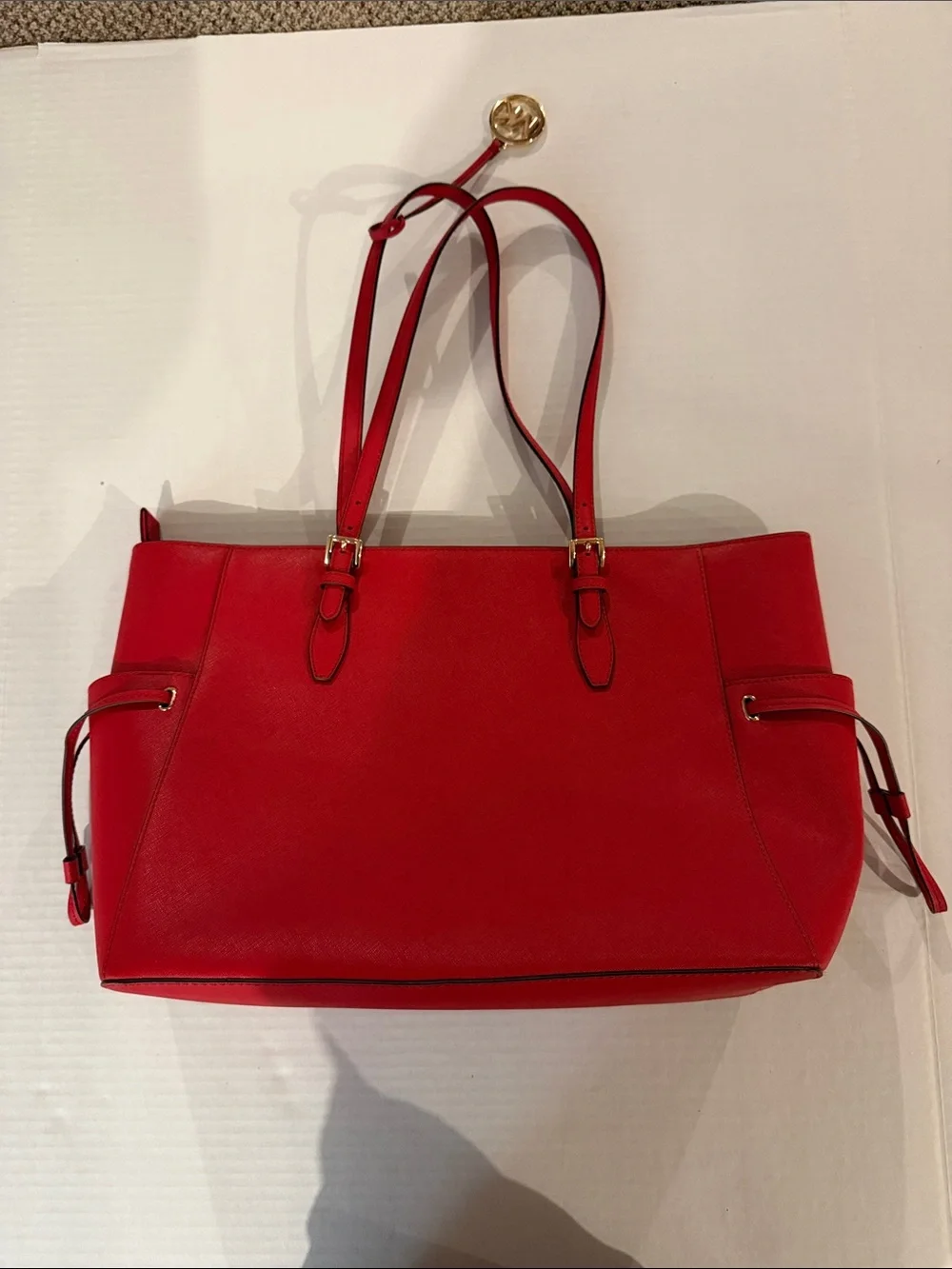 Michael Kors Red Saffiano Tote with Gold MK Charm